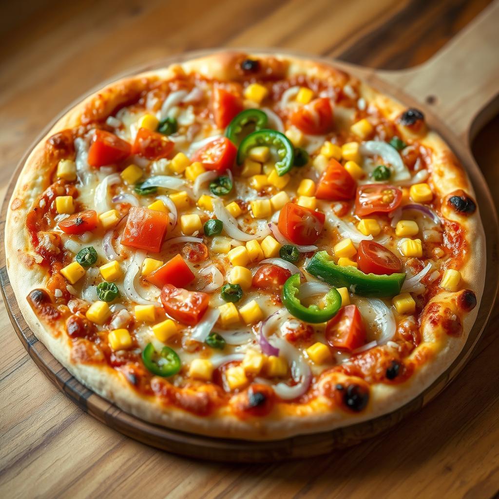 A delectable pizza featuring a base topped with crunchy onions, fresh chopped tomatoes, succulent sweet corn, and vibrant green capsicum, all smothered under a gooey, melted layer of cheese