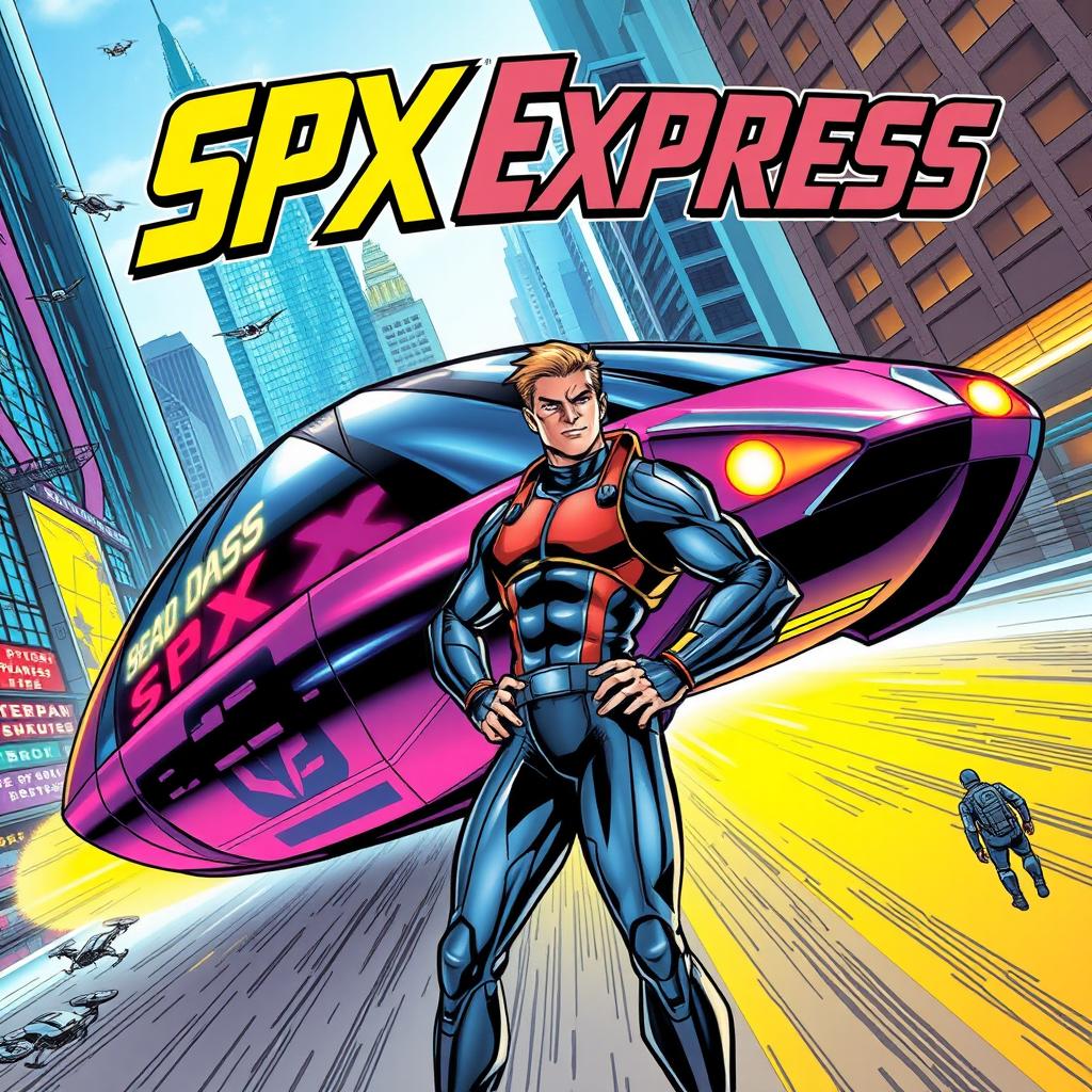 A vibrant and energetic comic book cover featuring a sleek, futuristic vehicle labeled 'SPX Express'