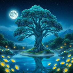 A stunning digital portrait of a beautifully detailed fantasy landscape featuring a majestic ancient tree in the center, with vibrant blue and green foliage, surrounded by an ethereal mist