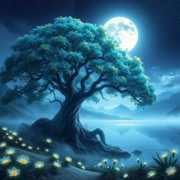 A stunning digital portrait of a beautifully detailed fantasy landscape featuring a majestic ancient tree in the center, with vibrant blue and green foliage, surrounded by an ethereal mist