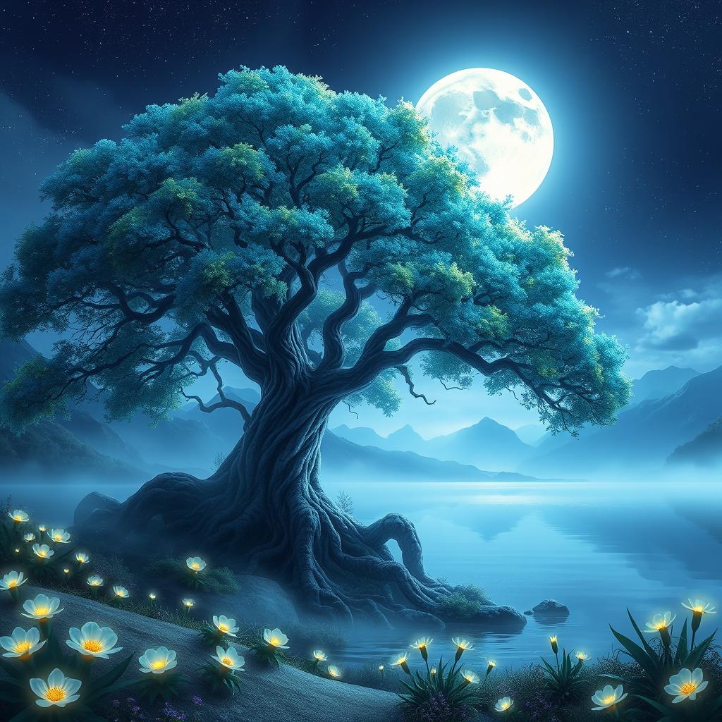 A stunning digital portrait of a beautifully detailed fantasy landscape featuring a majestic ancient tree in the center, with vibrant blue and green foliage, surrounded by an ethereal mist