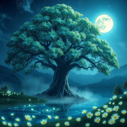 A stunning digital portrait of a beautifully detailed fantasy landscape featuring a majestic ancient tree in the center, with vibrant blue and green foliage, surrounded by an ethereal mist
