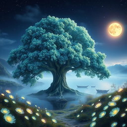 A stunning digital portrait of a beautifully detailed fantasy landscape featuring a majestic ancient tree in the center, with vibrant blue and green foliage, surrounded by an ethereal mist