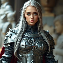 A beautiful and cute 20-year-old female cleric with very bright turquoise eyes and long, bankless ash grey hair