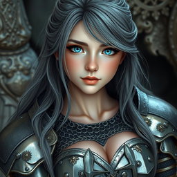 A beautiful and cute 20-year-old female cleric with very bright turquoise eyes and long, bankless ash grey hair