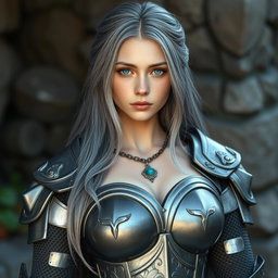 A beautiful and cute 20-year-old female cleric with very bright turquoise eyes and long, bankless ash grey hair