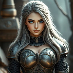 A beautiful and cute 20-year-old female cleric with very bright turquoise eyes and long, bankless ash grey hair