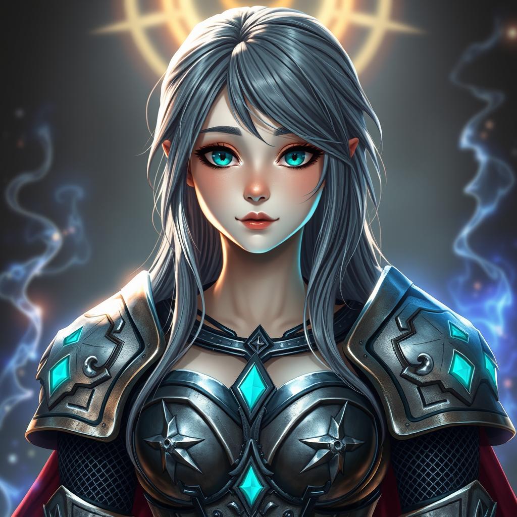 A beautiful, slender, and cute 20-year-old cleric girl with stunningly bright turquoise eyes and long, bankless ash grey hair