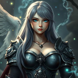 A beautiful, slender, and cute 20-year-old cleric girl with stunningly bright turquoise eyes and long, bankless ash grey hair