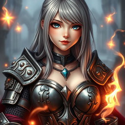 A beautiful, slender, and cute 20-year-old cleric girl with stunningly bright turquoise eyes and long, bankless ash grey hair