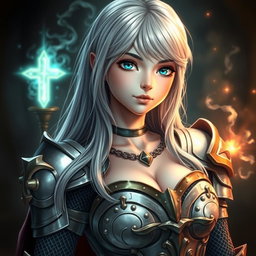 A beautiful, slender, and cute 20-year-old cleric girl with stunningly bright turquoise eyes and long, bankless ash grey hair