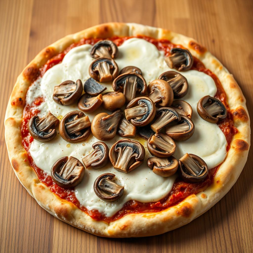 A delicious pizza showcasing tender, juicy mushrooms artfully layered on top of a generous amount of stretchy, melty Mozzarella cheese