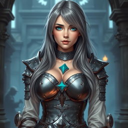 A very busty young cleric, around 20 years old, depicted with stunning tender breasts and large G cup size, wearing a female templar outfit that features heavy chainmail with a deep sweetheart neckline designed to emphasize her voluptuous figure