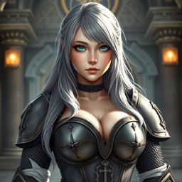 A very busty young cleric, around 20 years old, depicted with stunning tender breasts and large G cup size, wearing a female templar outfit that features heavy chainmail with a deep sweetheart neckline designed to emphasize her voluptuous figure