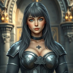 A very busty young cleric, around 20 years old, depicted with stunning tender breasts and large G cup size, wearing a female templar outfit that features heavy chainmail with a deep sweetheart neckline designed to emphasize her voluptuous figure