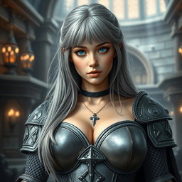 A very busty young cleric, around 20 years old, depicted with stunning tender breasts and large G cup size, wearing a female templar outfit that features heavy chainmail with a deep sweetheart neckline designed to emphasize her voluptuous figure