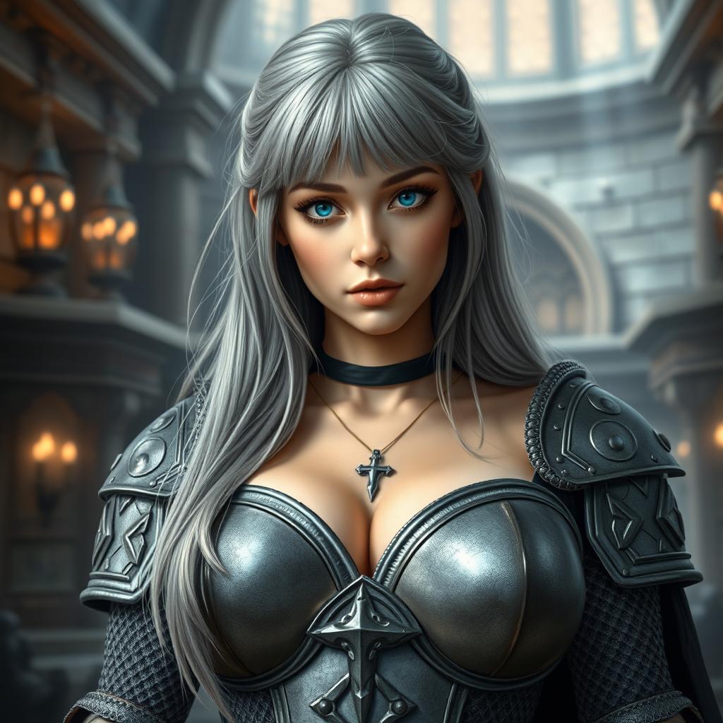 A very busty young cleric, around 20 years old, depicted with stunning tender breasts and large G cup size, wearing a female templar outfit that features heavy chainmail with a deep sweetheart neckline designed to emphasize her voluptuous figure