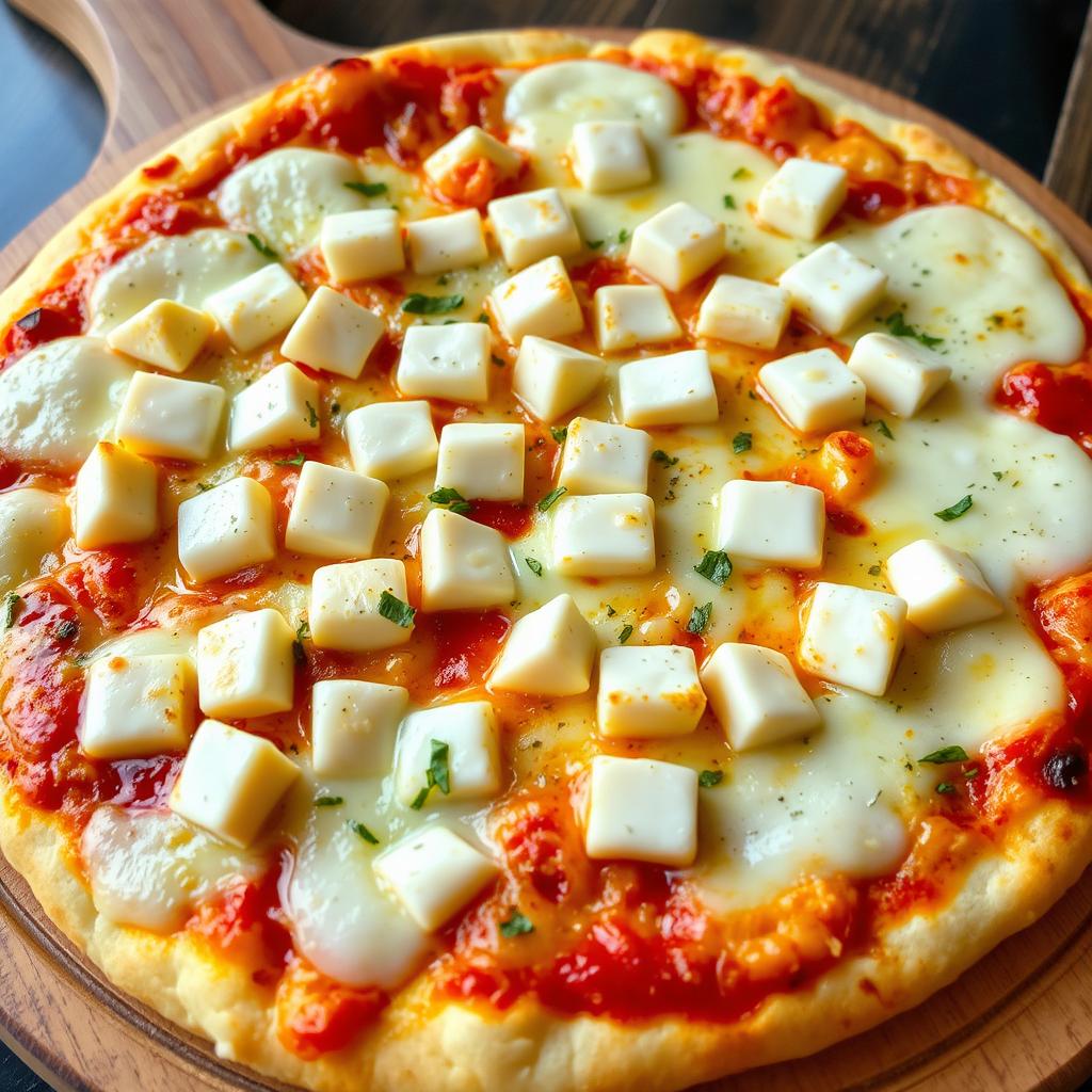 A mouthwatering pizza featuring soft and flavorful paneer cubes generously sprinkled on top, combined with a luscious layer of gooey Mozzarella cheese that melts beautifully