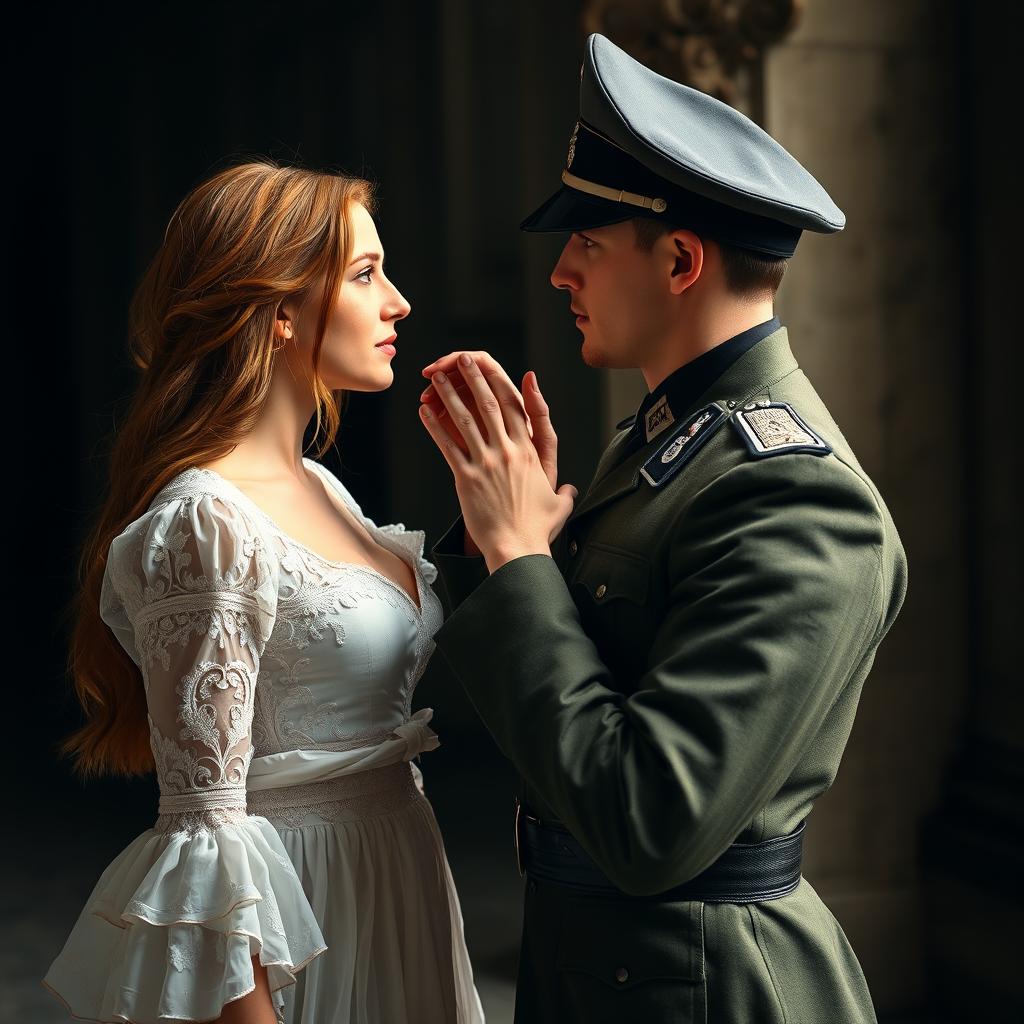 A handsome male in a World War II German uniform gently lifting the chin of a beautiful female, encouraging her to look at him