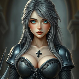 A slender, cute 20-year-old female cleric with stunning tender breasts