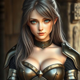 A slender, cute 20-year-old female cleric with stunning tender breasts and a loving, shy expression