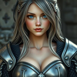 A slender, cute 20-year-old female cleric with stunning tender breasts and a loving, shy expression