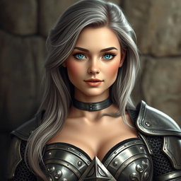A slender, cute 20-year-old female cleric with stunning tender breasts and a loving, shy expression