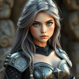 A beautiful and slender young cleric girl, around 20 years old, with stunning tender breasts and very bright turquoise eyes