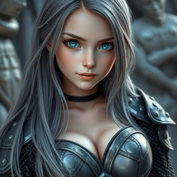 A beautiful and slender young cleric girl, around 20 years old, with stunning tender breasts and very bright turquoise eyes