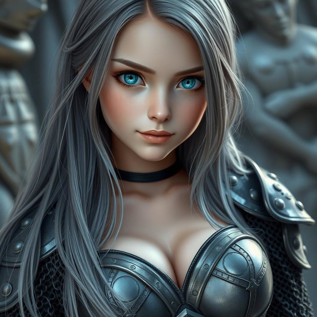 A beautiful and slender young cleric girl, around 20 years old, with stunning tender breasts and very bright turquoise eyes