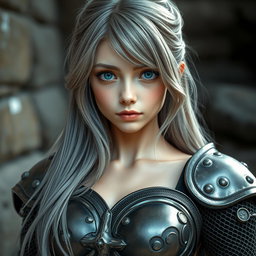 A beautiful and slender young cleric girl, around 20 years old, with stunning tender breasts and very bright turquoise eyes