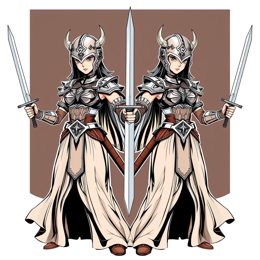 A striking illustration of a set of female twins, both wearing intricately designed chest plates and flowing long skirts