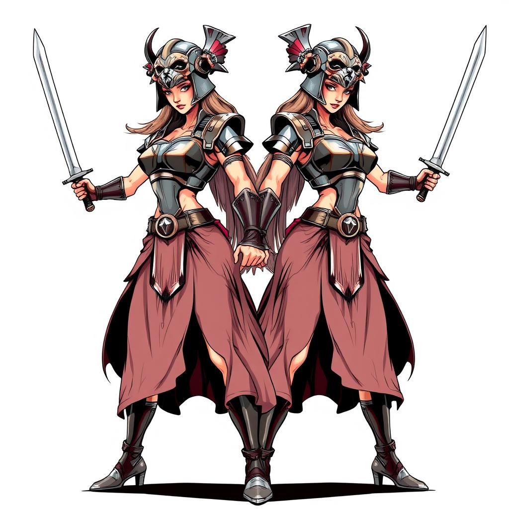 A dynamic and striking illustration of a set of female twins, each wearing a detailed chest plate and a flowing long skirt