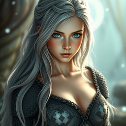 A beautiful slender European cleric girl with large tender breasts, featuring long soft layers of ash grey hair cascading down her shoulders