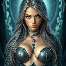 A beautiful slender European cleric girl with large tender breasts, featuring long soft layers of ash grey hair cascading down her shoulders