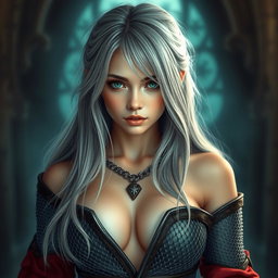 A beautiful slender European cleric girl with large tender breasts, featuring long soft layers of ash grey hair cascading down her shoulders