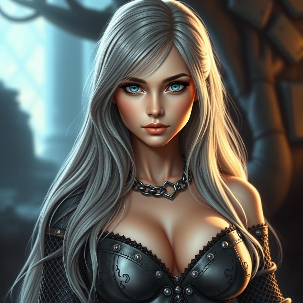 A beautiful slender European cleric girl with large tender breasts, featuring long soft layers of ash grey hair cascading down her shoulders