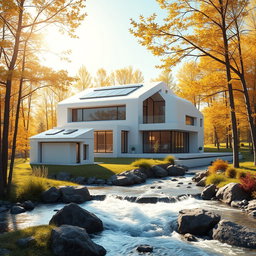 Design a modern futuristic house set against the backdrop of vibrant Siberian nature in summer