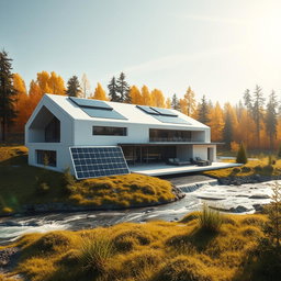 Design a modern futuristic house set against the backdrop of vibrant Siberian nature in summer