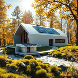 Design a modern futuristic house set against the backdrop of vibrant Siberian nature in summer