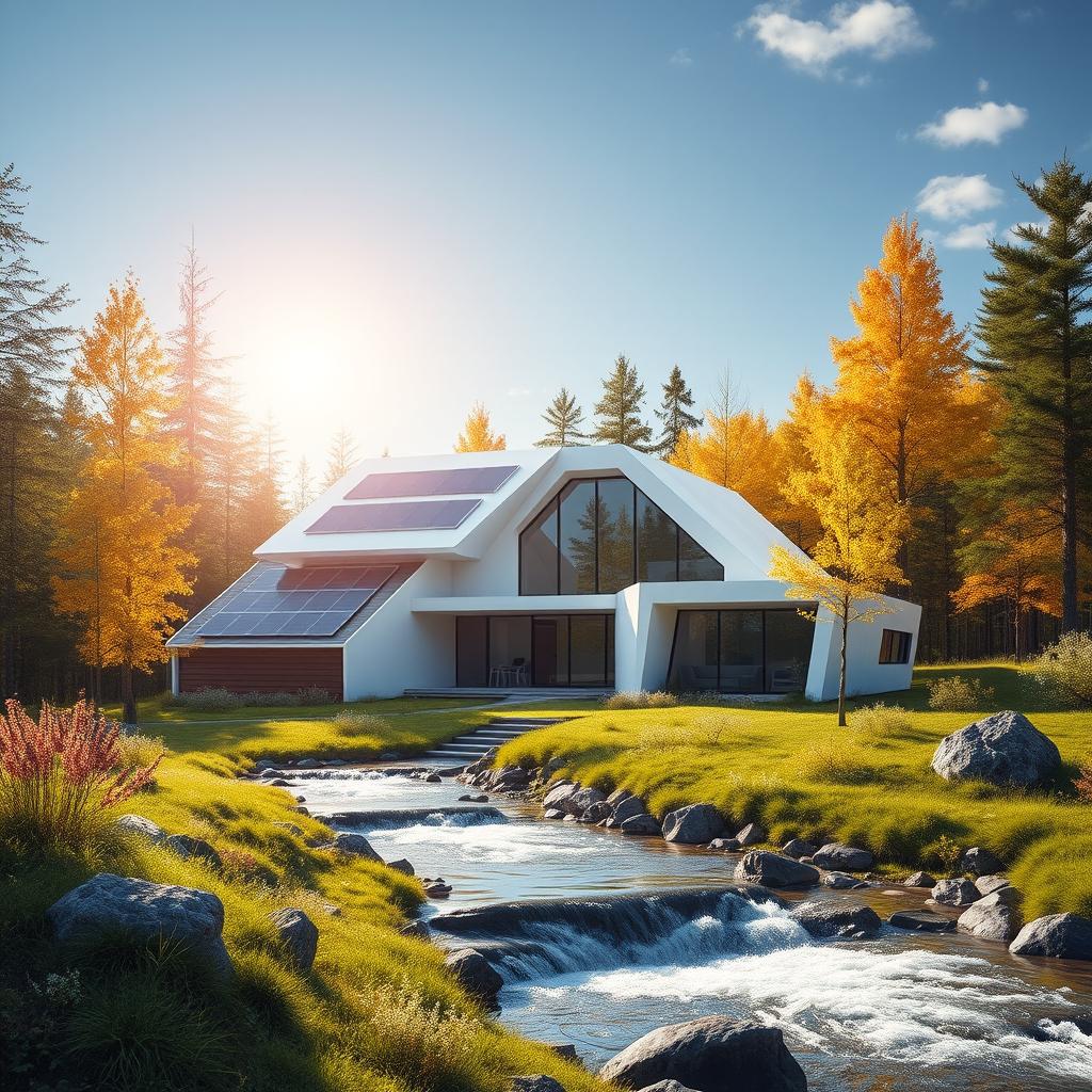Design a modern futuristic house set against the backdrop of vibrant Siberian nature in summer