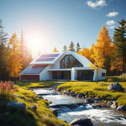 Design a modern futuristic house set against the backdrop of vibrant Siberian nature in summer