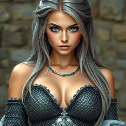 A busty beautiful cleric, a slender European girl with very large tender breasts, featuring long soft layers of ash grey hair cascading down her back