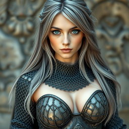 A busty beautiful cleric, a slender European girl with very large tender breasts, featuring long soft layers of ash grey hair cascading down her back