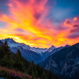 A stunning landscape photograph of a mountainous region during sunset, showcasing vibrant colors in the sky with hues of orange, pink, and purple reflected on the snow-capped peaks