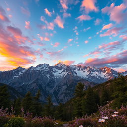 A stunning landscape photograph of a mountainous region during sunset, showcasing vibrant colors in the sky with hues of orange, pink, and purple reflected on the snow-capped peaks