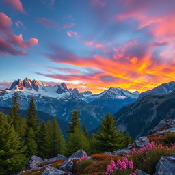 A stunning landscape photograph of a mountainous region during sunset, showcasing vibrant colors in the sky with hues of orange, pink, and purple reflected on the snow-capped peaks