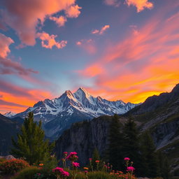 A stunning landscape photograph of a mountainous region during sunset, showcasing vibrant colors in the sky with hues of orange, pink, and purple reflected on the snow-capped peaks