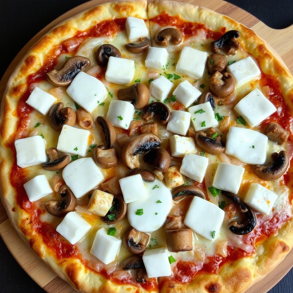 An enticing pizza showcasing a rich and creamy combination of tender mushrooms, crunchy onions, and soft paneer cubes, all generously topped with gooey Mozzarella cheese