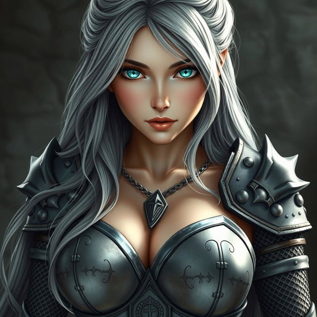 A busty beautiful cleric with a slender physique, showcasing very large tender breasts